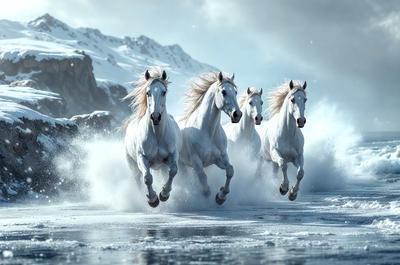Primary subject: A group of white horses running through the snow.

Setting/background: The scene takes place in a snowy environment, with the horses running through the snow.

Visual style: The image is a digital artwork, featuring a group of white horses in motion.

Colors and mood: The dominant colors in the image are white and gray, creating a cold and snowy atmosphere.