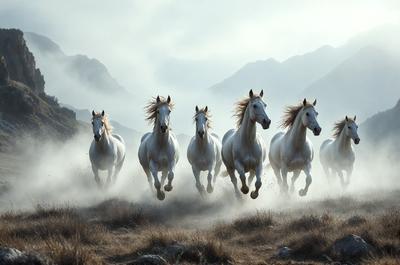 Primary subject: A group of white horses running through a field.

Setting/background: The horses are running through a field with mountains in the background.

Visual style: The image is a photo of the horses running in the field.

Colors and mood: The image has a vibrant and energetic atmosphere, with the white horses and the lush green field creating a sense of freedom and movement.