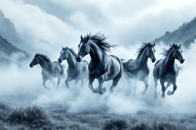 Primary subject: Horses
Setting/background: A field of grass
Visual style: Digital art
Colors and mood: Blue and white, with a misty atmosphere