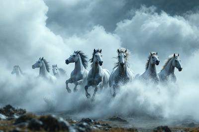 Primary subject: A group of white horses running through a field.

Setting/background: The horses are running through a field with rocks and a cloudy sky in the background.

Visual style: The image is a photo of the horses in motion.

Colors and mood: The dominant colors are white and gray, with the sky appearing cloudy and moody.