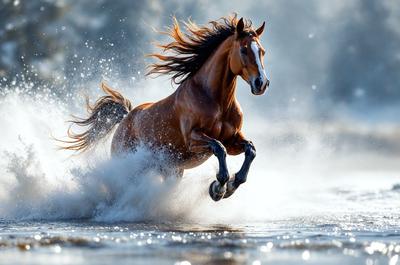 Primary subject: A brown horse running through water.

Setting/background: The horse is running through a body of water, possibly a river or a lake.

Visual style: The image is a photo of the horse in motion.

Colors and mood: The image has a vibrant and dynamic atmosphere, with the brown horse and the water creating a sense of motion and energy.