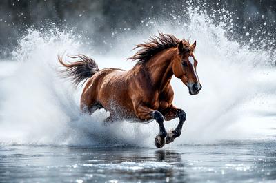 Primary subject: A brown horse running through water.

Setting/background: The horse is running through a body of water, possibly a river or a lake.

Visual style: The image is a photo of the horse in motion.

Colors and mood: The image has a vibrant and dynamic atmosphere, with the horse's brown color contrasting against the water.