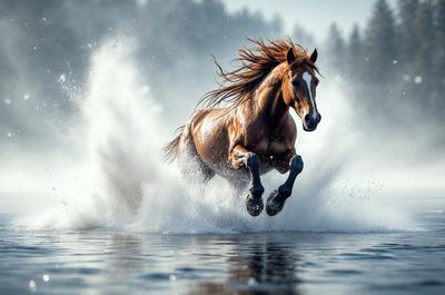 Primary subject: A brown horse with a flowing mane running through water.

Setting/background: The horse is running through a body of water, possibly a lake or a river.

Visual style: The image is a photo of the horse in motion.

Colors and mood: The image has a vibrant and dynamic atmosphere, with the horse's brown color contrasting against the water.