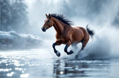 Primary subject: A brown horse running through water.

Setting/background: The horse is running through a body of water, possibly a river or a lake.

Visual style: The image is a photo of the horse in motion.

Colors and mood: The image has a blue and white color scheme, with the blue water and white splashes from the horse's movement. The overall atmosphere is dynamic and energetic.