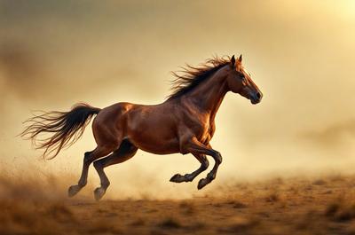 Primary subject: A brown horse running in a field.

Setting/background: The horse is running in a field with a dusty surface.

Visual style: The image is a photo of the horse in motion.

Colors and mood: The dominant colors are brown and yellow, with a dusty and dynamic atmosphere.