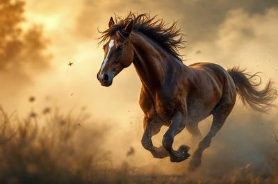Primary subject: A brown horse with a white face running through the dirt.

Setting/background: The horse is running through a field with dirt, and there are some flies in the air.

Visual style: The image is a photo of the horse in motion.

Colors and mood: The dominant colors are brown and white, with a dusty and energetic atmosphere.