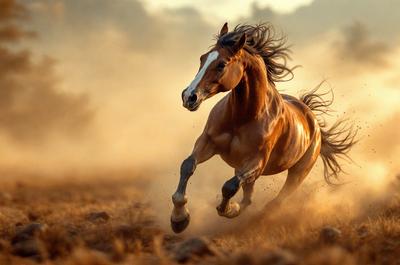 Primary subject: A brown horse running through a field of dirt.

Setting/background: The horse is running through a field of dirt, with a dusty trail behind it.

Visual style: The image is a photo of the horse in motion.

Colors and mood: The dominant colors are brown and orange, with a dusty and somewhat dramatic atmosphere.