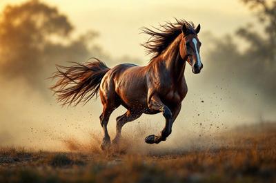 Primary subject: A brown horse with a long mane running through a field.

Setting/background: The horse is running through a field with dirt, and there is a forest in the background.

Visual style: The image is a photo of the horse in motion.

Colors and mood: The dominant colors are brown and orange, with a dusty and dynamic atmosphere.
