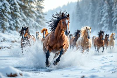 The primary subject of the image is a brown horse running through the snow. The horse is the main focus of the scene, and it appears to be galloping through the snow-covered ground. The setting is a snowy landscape, with trees in the background. The visual style of the image is a photo, capturing the horse in motion. The dominant colors in the image are brown and white, with the snow adding a cold and wintry atmosphere to the scene.