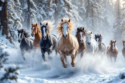 Primary subject: Horses
Setting/background: Snowy forest
Visual style: Photo
Colors and mood: White snow, brown horses, and a lively atmosphere.
