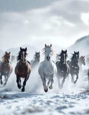 Primary subject: A group of horses running through the snow.

Setting/background: The scene takes place in a snowy environment, with the horses running through the snow.

Visual style: The image is a digital artwork, featuring a group of horses in motion.

Colors and mood: The dominant colors in the image are white and gray, representing the snowy landscape. The overall atmosphere is dynamic and energetic, as the horses are running and moving through the snow.