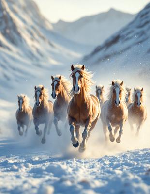 Primary subject: Horses
Setting/background: Snowy mountain
Visual style: Photo
Colors and mood: White and brown, cold and snowy