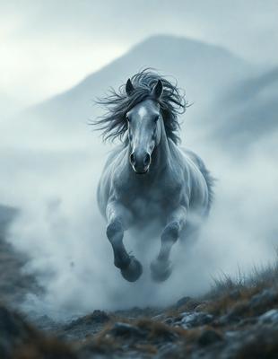 Primary subject: A horse running through a field.

Setting/background: The horse is running through a field with mountains in the background.

Visual style: The image is a photo of the horse in motion.

Colors and mood: The image has a sepia tone, giving it a vintage and nostalgic feel.