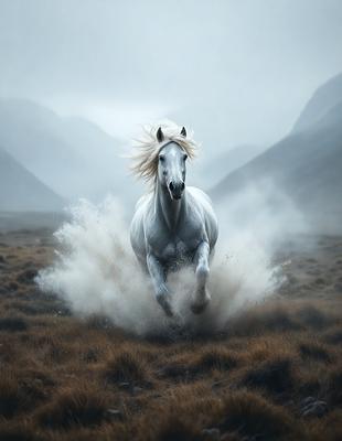 Primary subject: A white horse with blonde hair running through a field.

Setting/background: The horse is running through a field with mountains in the background.

Visual style: The image is a black and white photo.

Colors and mood: The image has a monochromatic color scheme, giving it a classic and timeless feel. The horse's blonde mane and white body stand out against the black and white background, creating a sense of motion and energy.