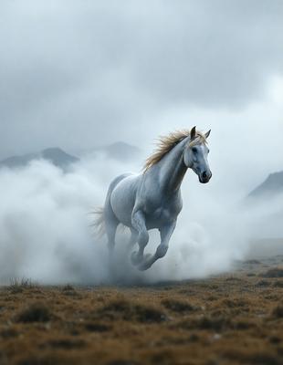 Primary subject: A white horse running through a field of grass.

Setting/background: The horse is running through a field of grass, with mountains visible in the background.

Visual style: The image is a photo of the horse in motion.

Colors and mood: The image has a sepia tone, giving it a warm and nostalgic atmosphere.
