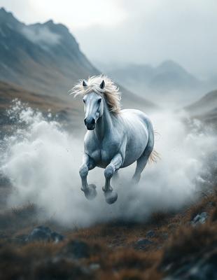 Primary subject: A white horse running through a field.

Setting/background: The horse is running through a field with mountains in the background.

Visual style: The image is a photo of the horse in motion.

Colors and mood: The image has a sepia tone, giving it a vintage and nostalgic feel.