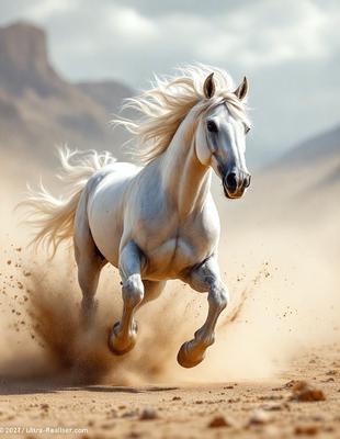 Primary subject: A white horse running on a dirt road.

Setting/background: The horse is running on a dirt road, with a mountain in the background.

Visual style: The image is a photo of the horse in motion.

Colors and mood: The image has a warm and natural color palette, with the white horse standing out against the dirt road and mountain backdrop.