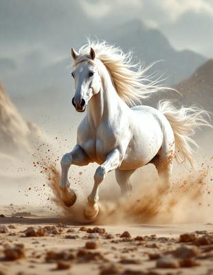 Primary subject: A white horse running in the dirt.

Setting/background: A desert landscape with sand and mountains in the background.

Visual style: The image is a digital artwork.

Colors and mood: The image has a warm and natural color palette, with the white horse standing out against the brown and orange sand. The overall atmosphere is dynamic and energetic, as the horse is captured in motion.