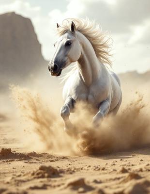 Primary subject: A white horse running on a dirt field.

Setting/background: The horse is running on a dirt field, with a mountain in the background.

Visual style: The image is a digital artwork.

Colors and mood: The image has a warm and dynamic color palette, with the white horse standing out against the dirt field and mountain backdrop.