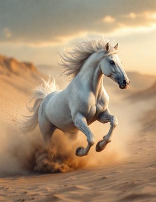Primary subject: A white horse running in the sand.

Setting/background: A desert landscape with sand and a cloudy sky.

Visual style: Digital art.

Colors and mood: The image is in black and white, giving it a classic and timeless feel. The white horse stands out against the sandy background, creating a sense of motion and freedom.