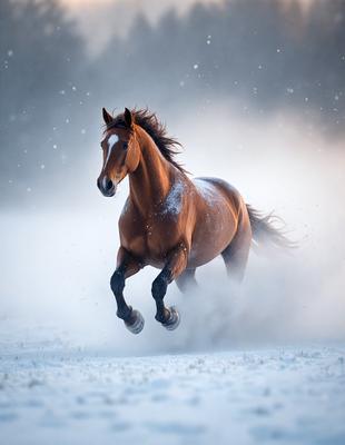 Primary subject: A brown horse running through the snow.

Setting/background: The horse is running through a snowy field, with a blurred background.

Visual style: The image is a photo of the horse in motion.

Colors and mood: The dominant colors are white and brown, with a cold and snowy atmosphere.