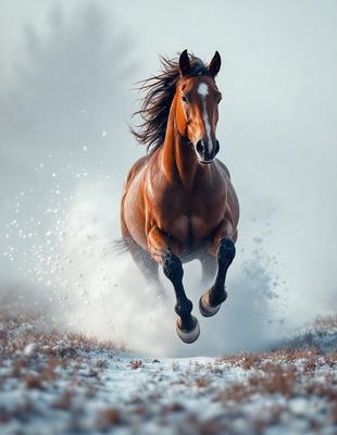 Primary subject: A brown horse running through the snow.

Setting/background: The horse is running through a snow-covered field.

Visual style: The image is a photo of the horse in motion.

Colors and mood: The dominant colors are brown and white, with a cold and snowy atmosphere.