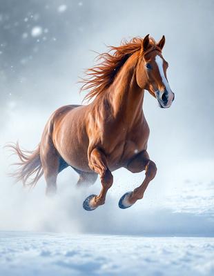Primary subject: A brown horse with a white face running through the snow.

Setting/background: The horse is running through a snowy field, with a white sky in the background.

Visual style: The image is a photo of the horse in motion.

Colors and mood: The dominant colors are white and brown, with the white sky and snow creating a cold and wintry atmosphere.