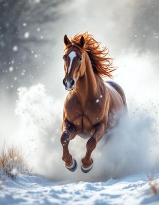 Primary subject: A brown horse with a white face, running through the snow.

Setting/background: The horse is running through a snowy field, with a white sky in the background.

Visual style: The image is a photo of the horse in motion.

Colors and mood: The dominant colors are white and brown, with the snow adding a cold and serene atmosphere to the scene.