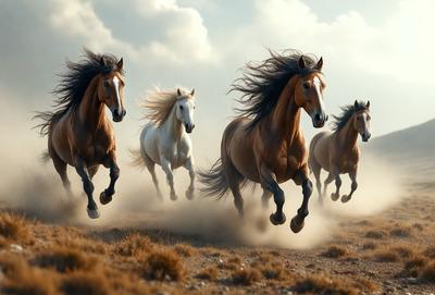 Primary subject: Horses
Setting/background: Dirt field
Visual style: Photo
Colors and mood: Brown, white, and black