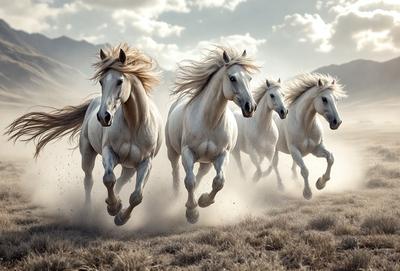 Primary subject: Horses
Setting/background: A field with mountains in the background
Visual style: Digital art
Colors and mood: The image is in black and white, giving it a classic and timeless feel.