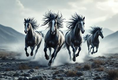 Primary subject: Horses
Setting/background: A rocky, dusty field
Visual style: Photo
Colors and mood: The image is in black and white, giving it a dramatic and artistic feel.