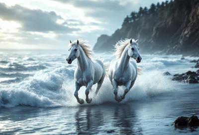 Primary subject: Two white horses running on the beach.

Setting/background: The beach is the environment, and the ocean is the backdrop.

Visual style: The image is a photo of the two white horses running on the beach.

Colors and mood: The dominant colors are white and blue, and the overall atmosphere is energetic and dynamic.