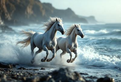 Primary subject: Two white horses running on the beach.

Setting/background: The beach is the backdrop for the horses, with the ocean in the background.

Visual style: The image is a photo of the two horses running on the beach.

Colors and mood: The colors are predominantly white, with the ocean providing a blue and green backdrop. The overall atmosphere is energetic and dynamic, as the horses are captured in motion.