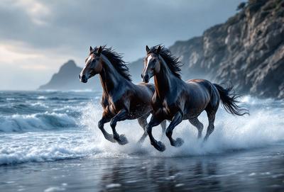 Primary subject: Two horses running on the beach.

Setting/background: The beach is wet, and there are mountains in the background.

Visual style: The image is a digital art or illustration.

Colors and mood: The image has a black and white color scheme, giving it a dramatic and timeless feel.