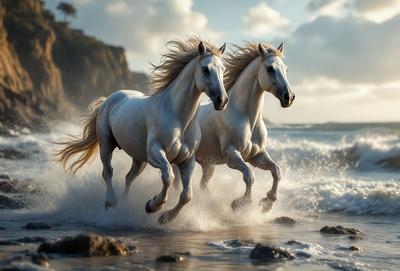 Primary subject: Two white horses running on the beach.

Setting/background: The beach is the environment, and the ocean is the backdrop.

Visual style: The image is a photo of the two horses running on the beach.

Colors and mood: The dominant colors are white and blue, and the overall atmosphere is energetic and dynamic.
