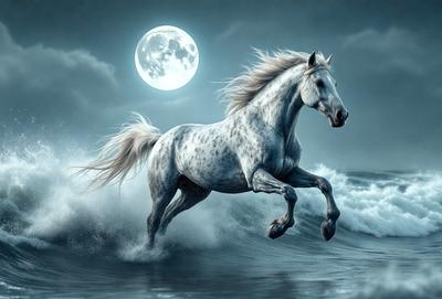 Primary subject: A white horse running through the ocean at night.

Setting/background: The ocean at night, with a full moon in the background.

Visual style: Digital art.

Colors and mood: The image is in black and white, giving it a dramatic and moody atmosphere.