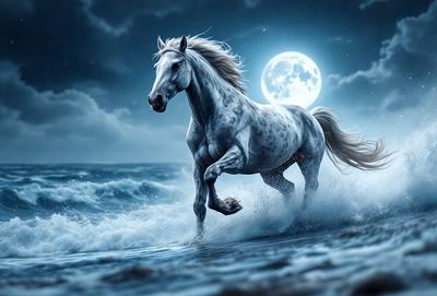 Primary subject: A white horse running through the ocean at night.

Setting/background: The ocean at night, with a full moon in the background.

Visual style: Digital art.

Colors and mood: The image is in black and white, giving it a dramatic and moody atmosphere.