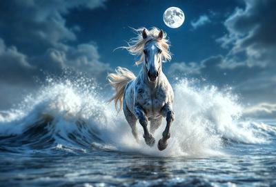 Primary subject: A white horse running through the ocean.

Setting/background: The ocean with waves and a moon in the background.

Visual style: Digital art.

Colors and mood: The image is in black and white, giving it a classic and timeless feel. The white horse stands out against the dark ocean, creating a sense of motion and energy.