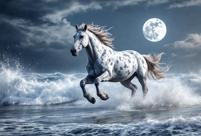 Primary subject: A white horse running through the ocean at night.

Setting/background: The ocean at night, with a full moon in the background.

Visual style: Digital art.

Colors and mood: The image is in black and white, giving it a dramatic and moody atmosphere.