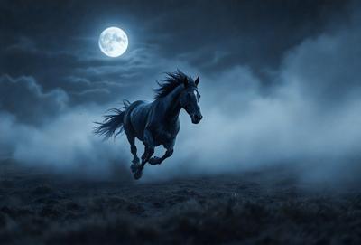 Primary subject: A horse running in the dark.

Setting/background: The horse is running in a field with a cloudy sky above.

Visual style: The image is a digital artwork.

Colors and mood: The image has a dark and moody atmosphere, with the horse and the cloudy sky as the main focus.