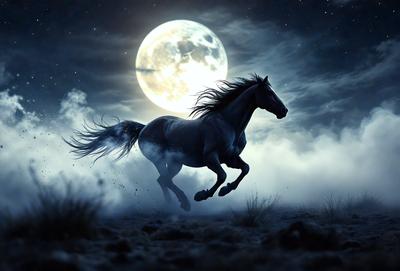Primary subject: A horse running in the dark.

Setting/background: The horse is running in a field at night, with a moon in the sky.

Visual style: The image is a digital art or illustration.

Colors and mood: The image has a dark and moody atmosphere, with the horse and the night sky being the main focus.