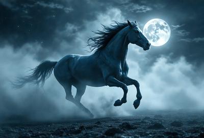Primary subject: A horse running in the dark.

Setting/background: The horse is running on a dirt road or field, with a cloudy sky above.

Visual style: The image is a digital art or illustration.

Colors and mood: The image has a dark and dramatic atmosphere, with the horse and the sky being the main focus.