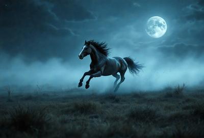 Primary subject: A horse running in a field at night.

Setting/background: The horse is running in a field with a dark sky and a moon in the background.

Visual style: The image is a digital art or illustration of a horse running in the night.

Colors and mood: The image has a dark and moody atmosphere, with the horse and the night sky being the main focus.