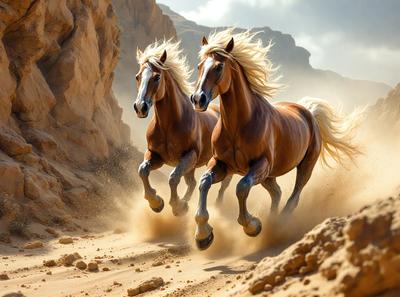 Primary subject: Two brown horses running on a dirt road.

Setting/background: The horses are running on a dirt road, with a rocky hillside in the background.

Visual style: The image is a photo of the two horses running.

Colors and mood: The image has a warm and dynamic color palette, with the brown horses and the dirt road creating a sense of motion and energy.