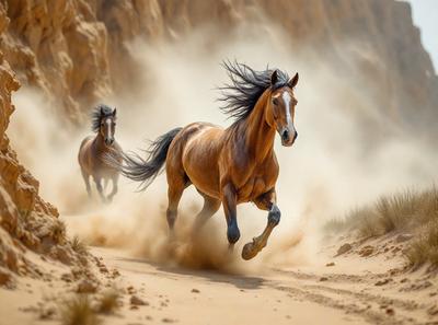 Primary subject: A brown horse running on a dirt road.

Setting/background: The horse is running on a dirt road, with a mountain in the background.

Visual style: The image is a photo of the horse running.

Colors and mood: The image has a warm and natural color palette, with the brown horse and the dirt road creating a sense of movement and energy.