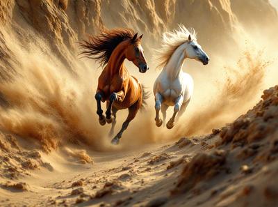 Primary subject: Two horses running on a dirt road.

Setting/background: The horses are running on a dirt road, with a rocky hillside in the background.

Visual style: The image is a photo of the two horses running.

Colors and mood: The image has a warm and dynamic color palette, with the horses' coats and the dirt road creating a sense of motion and energy.
