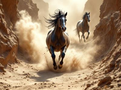 Primary subject: Two horses running through a dirt path.

Setting/background: A dirt path with dust flying behind the horses.

Visual style: A photo of the two horses running.

Colors and mood: The image is in black and white, giving it a classic and timeless feel. The dust flying behind the horses adds a sense of motion and energy to the scene.
