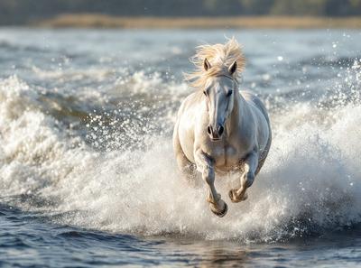 Primary subject: A white horse running through the water.

Setting/background: The horse is running through a body of water, possibly a lake or a river.

Visual style: The image is a photo of the horse in action.

Colors and mood: The image has a vibrant and energetic atmosphere, with the white horse standing out against the water.