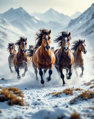 Primary subject: Horses
Setting/background: Snowy mountain
Visual style: Photo
Colors and mood: White snow, brown horses, and a sense of motion and energy.