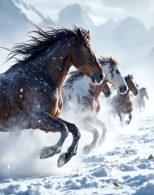 The primary subject of the image is a group of horses running through the snow. The setting is a snowy landscape, and the visual style appears to be a photo. The dominant colors in the image are white, due to the snow, and brown, which is the color of the horses. The overall atmosphere is energetic and dynamic, as the horses are captured in motion.